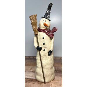 Snowman Figurine With Glitter Hat & Scarf Holding Broomstick Winter Decoration